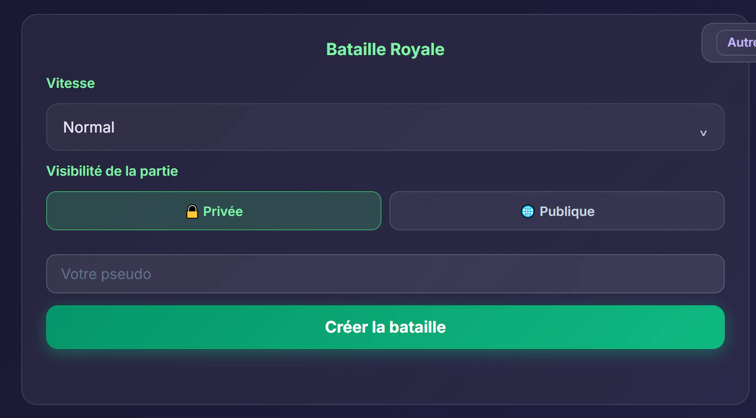 Formulaire de création d'une partie Snake en mode Bataille Royale : choix de la vitesse, visibilité privée ou publique, pseudo et bouton Créer la bataille pour lancer une partie sur plateau partagé