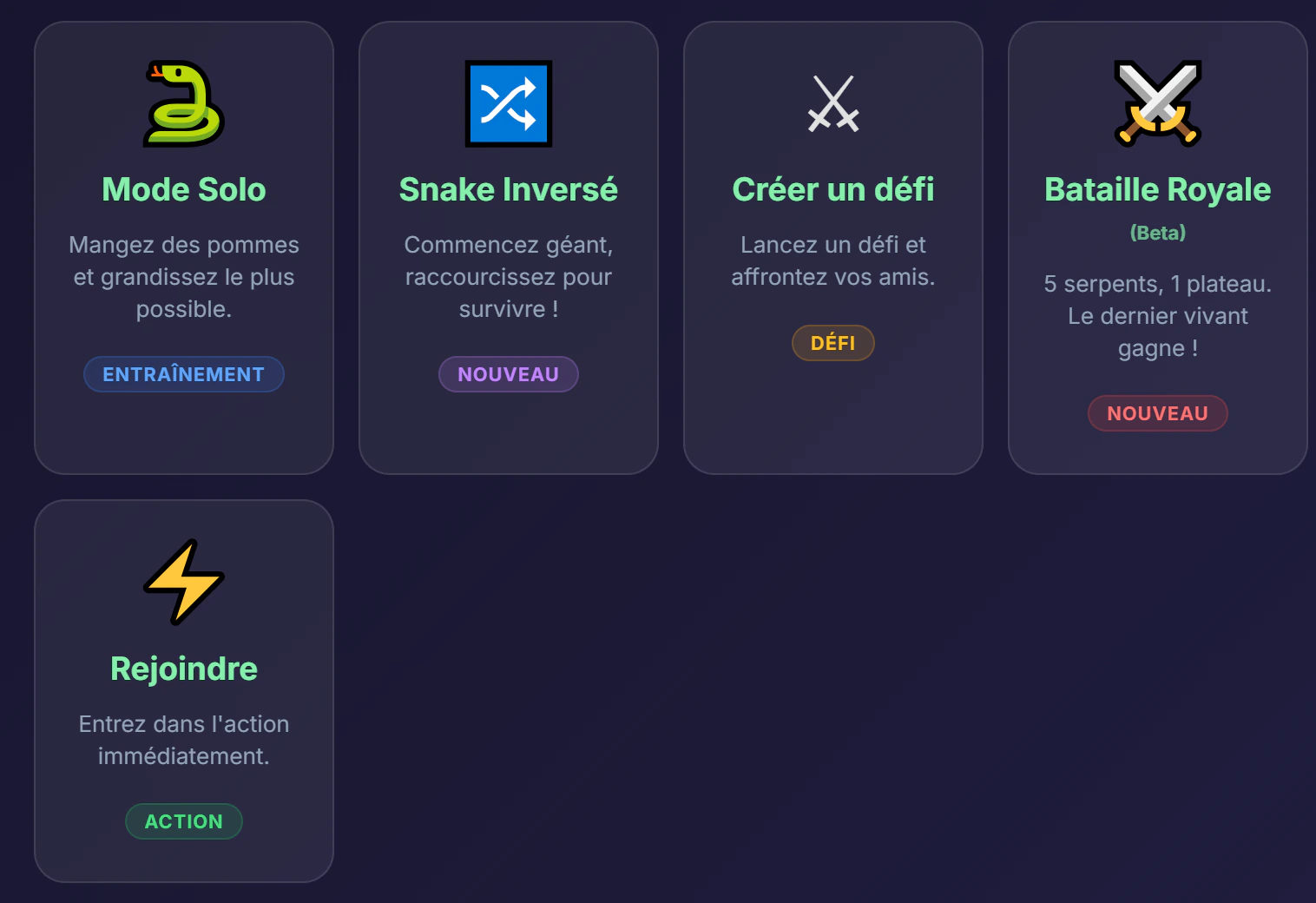 Sélecteur des cinq modes de Snake en ligne disponibles sur la page d'accueil : Mode Solo, Snake Inversé, Créer un défi multijoueur, Bataille Royale et Rejoindre une partie