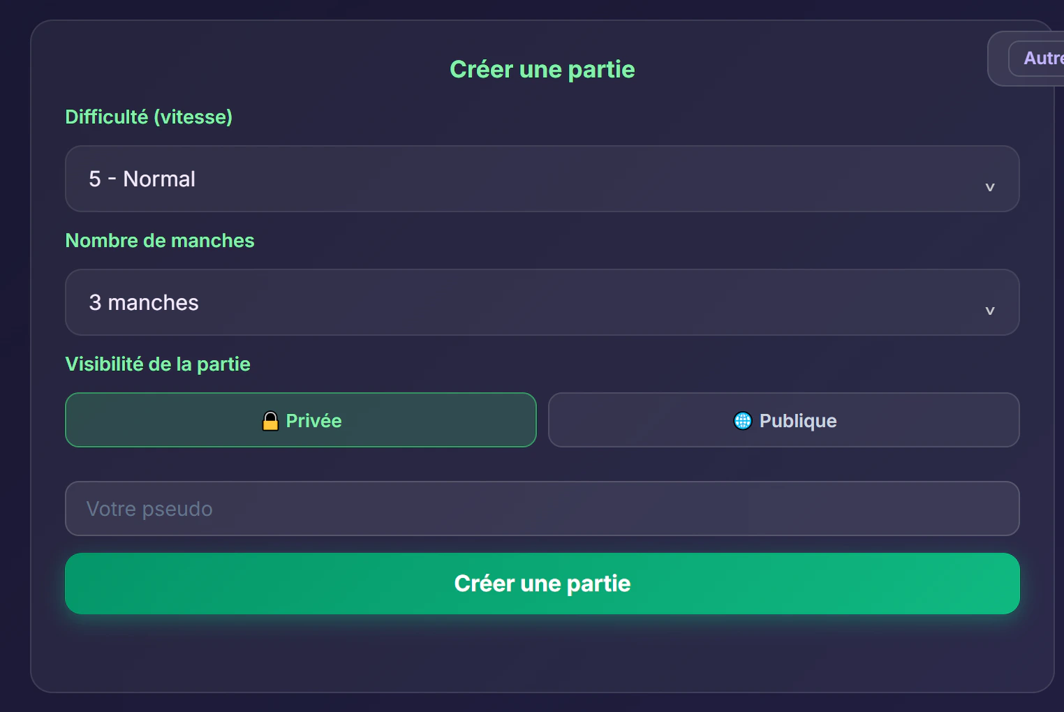 Formulaire de création d'une partie multijoueur Snake : choix de la difficulté (vitesse 1 à 10), nombre de manches, visibilité privée ou publique et pseudo, avec bouton Créer la partie en bas