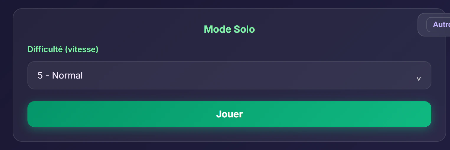 Sélecteur de difficulté du Snake solo : un menu pour choisir le niveau de vitesse entre 1 et 10 et un bouton Jouer pour démarrer la partie